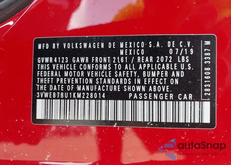 2019 Volkswagen Jetta 1.4T Sel z USA, uszkodzony, nr VIN 3VWEB7BU1KM228014